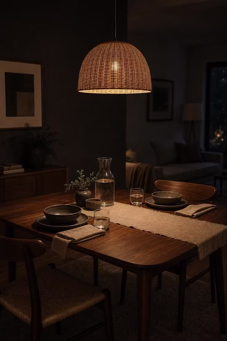 14 Cozy Small Living Room Ideas With Dining Area to Try 11 Rattan pendant light over a dining table creating a lit zone in moody low light.
