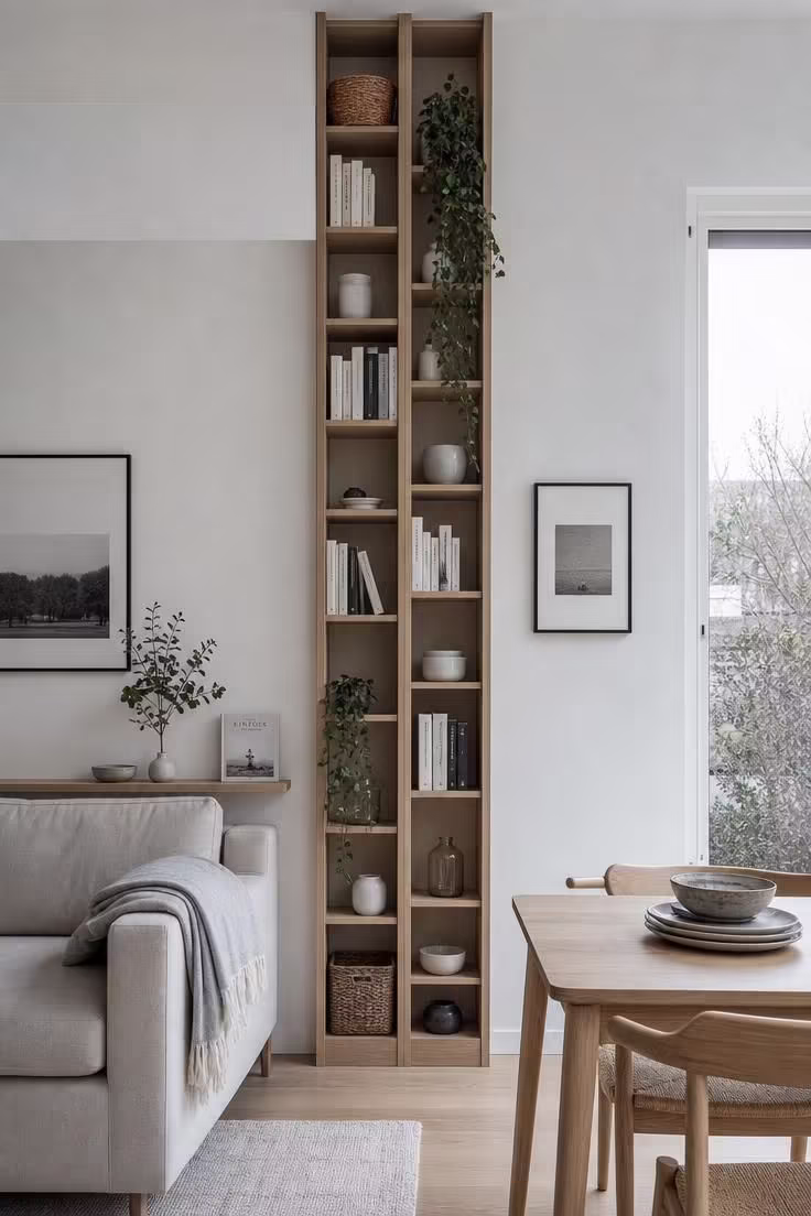 14 Cozy Small Living Room Ideas With Dining Area to Try 12 Tall narrow shelving climbing a wall between a sofa and dining table in cool overcast light.