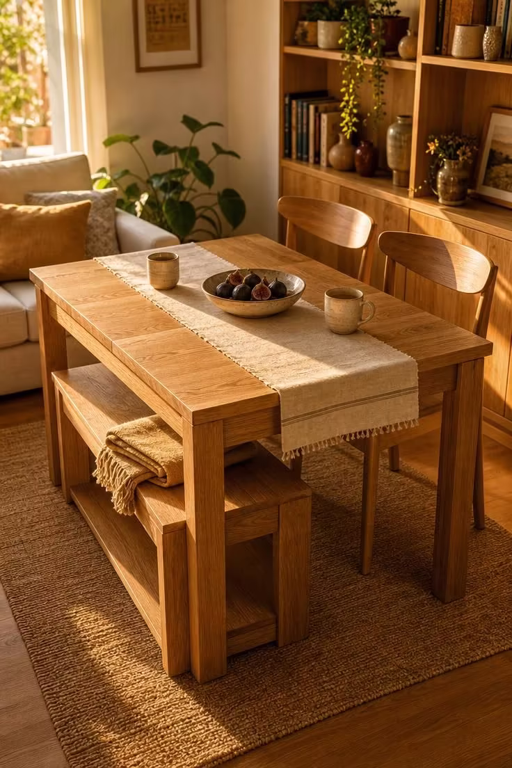 14 Cozy Small Living Room Ideas With Dining Area to Try 13 Square dining table with a tuck-away bench and two chairs in warm golden afternoon light.