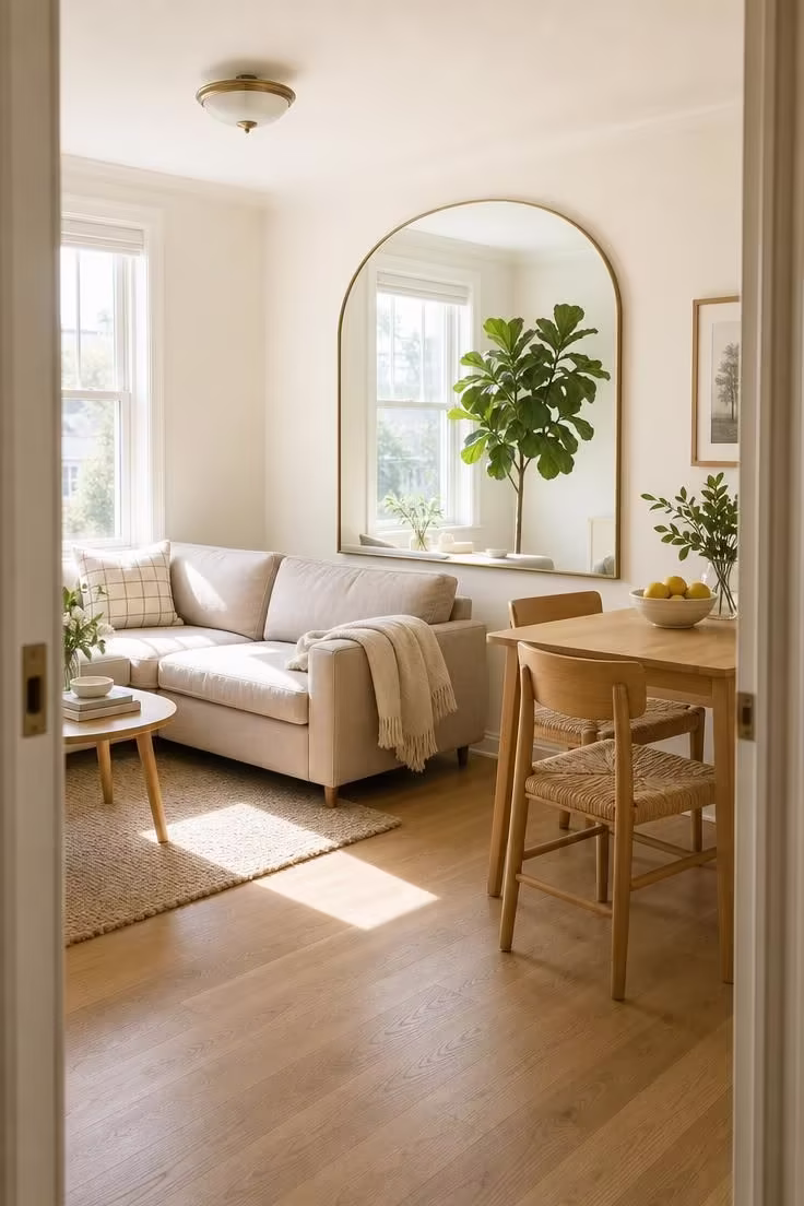 14 Cozy Small Living Room Ideas With Dining Area to Try 14 Large arched mirror opposite a window bouncing bright midday light across a living and dining room.