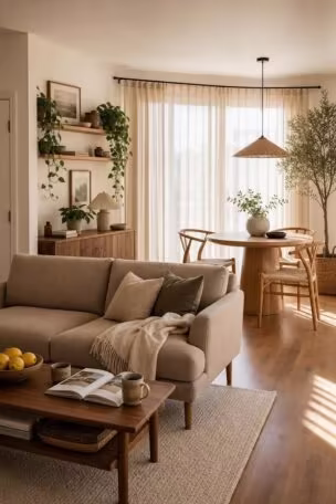 Cozy small living room with a dining area showing a loveseat, round table, and shared wood tones in warm light.