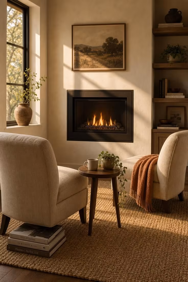 12 Small Living Room Ideas With Fireplace That Feel Open 1 Two sand-colored slipper chairs angled toward a flush-mount gas fireplace insert in a warm white small living room with golden afternoon light.