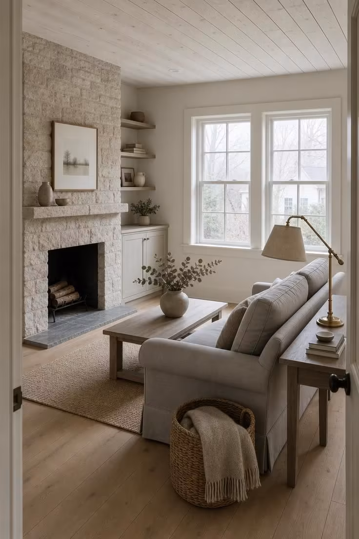 12 Small Living Room Ideas With Fireplace That Feel Open 2 A lime-washed stone fireplace surround rising to a whitewashed plank ceiling in a small living room with a dove gray sofa and cool overcast light.