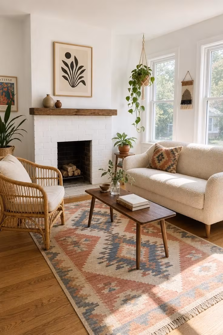 12 Small Living Room Ideas With Fireplace That Feel Open 3 A narrow walnut bench used as a coffee table on a coral and blue kilim rug in a bright small living room with a white brick fireplace and midday sunlight.