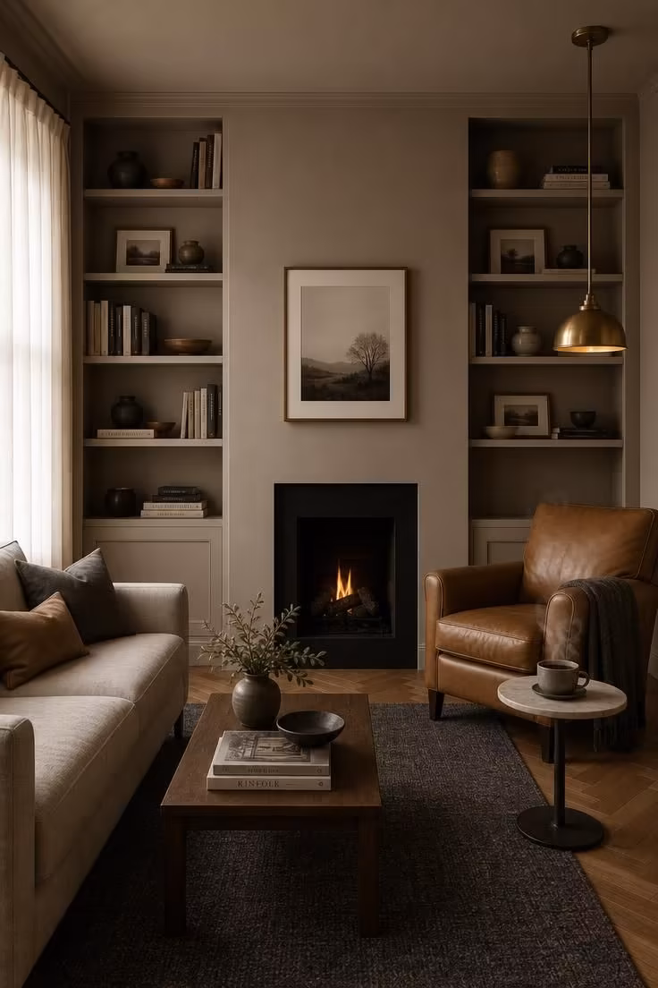 12 Small Living Room Ideas With Fireplace That Feel Open 4 Floor-to-ceiling greige built-in bookshelves flanking a narrow black firebox in a soft-lit small living room with a camel leather armchair.