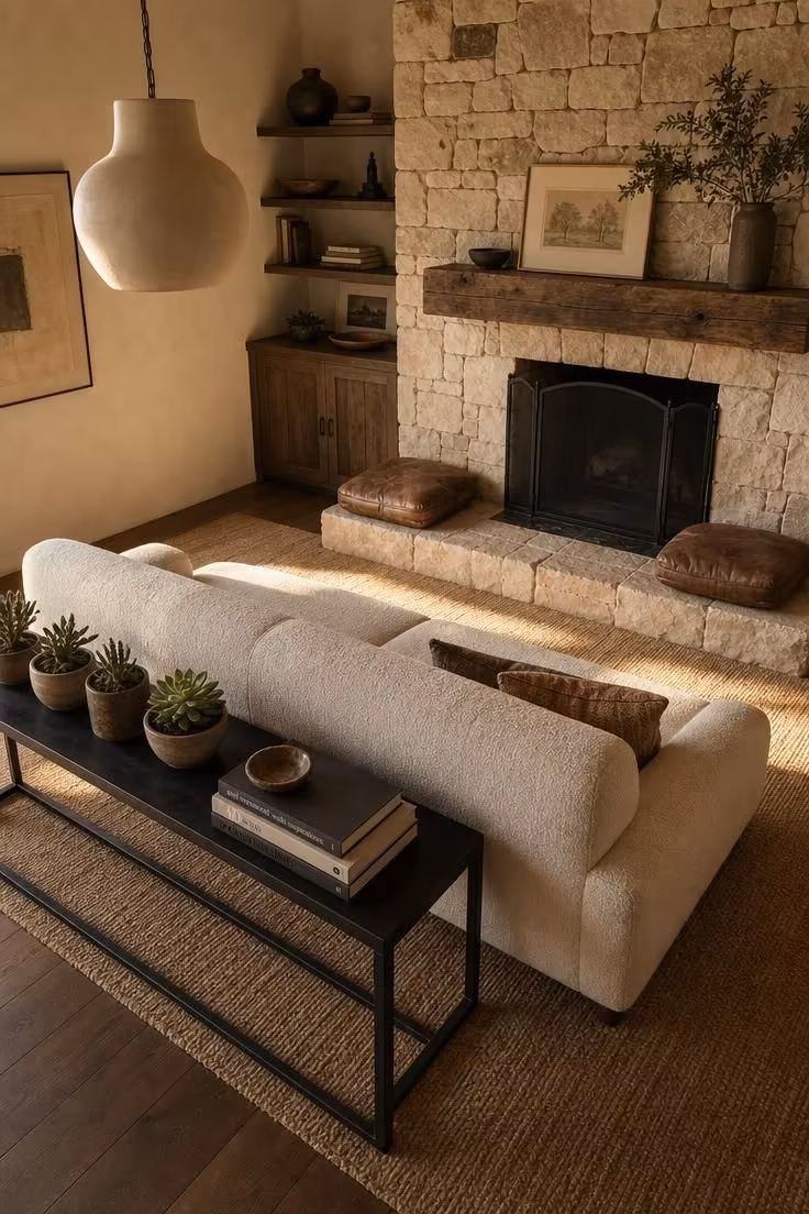 12 Small Living Room Ideas With Fireplace That Feel Open 5 An ivory bouclé sofa floating three feet from a stone fireplace with a reclaimed timber mantel in a small living room with warm golden light.