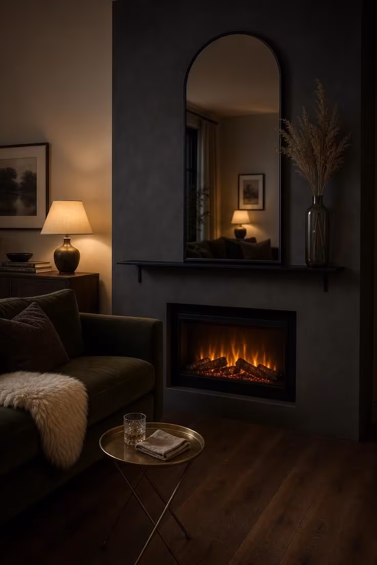 12 Small Living Room Ideas With Fireplace That Feel Open 6 A tall arched mirror in a matte black frame above a slim steel mantel shelf on a deep charcoal chimney breast in a moody low-lit small living room.