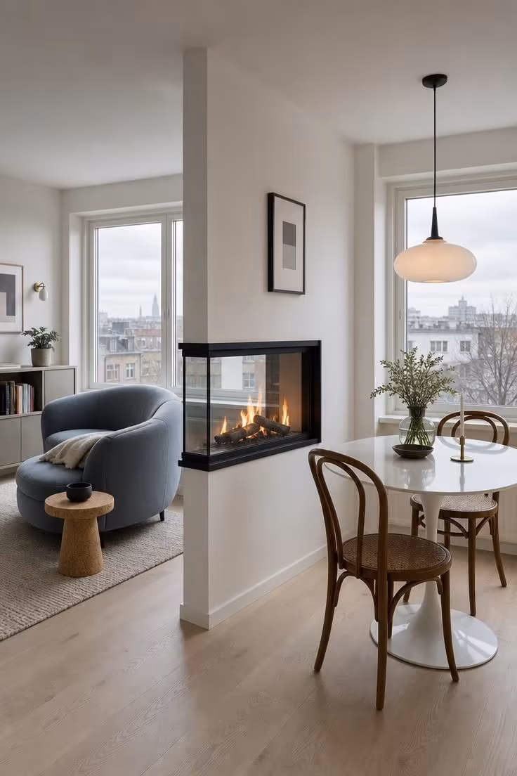 12 Small Living Room Ideas With Fireplace That Feel Open 7 A two-sided see-through fireplace in a matte black steel frame dividing a small living nook from a dining corner in a cool-lit open-plan space.
