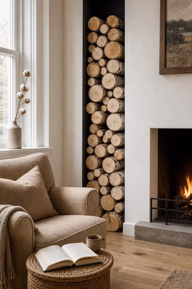 12 Small Living Room Ideas With Fireplace That Feel Open 8 Stacked birch logs in a tall matte black alcove beside a flax linen armchair in a bright small living room corner with midday light.
