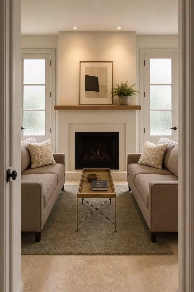 12 Small Living Room Ideas With Fireplace That Feel Open 9 Two mushroom-colored linen settees facing each other across a narrow fireplace with a hammered brass tray table in a softly lit small living room.