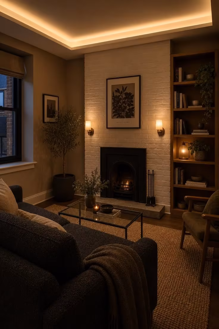 12 Small Living Room Ideas With Fireplace That Feel Open 10 Recessed cove lighting washing a white brick chimney breast in a moody small living room with a charcoal bouclé sofa and layered warm light.