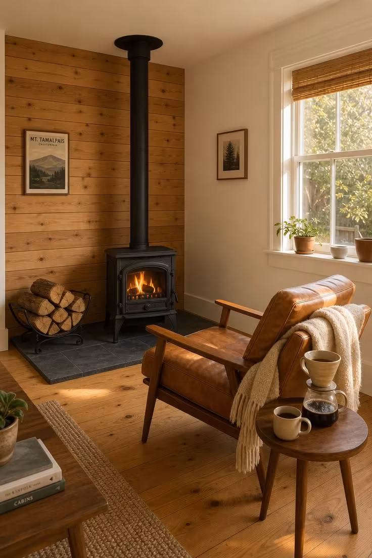 12 Small Living Room Ideas With Fireplace That Feel Open 11 A compact matte black freestanding stove on a dark slate hearth pad in the corner of a small living room with a cognac leather chair and warm morning light.