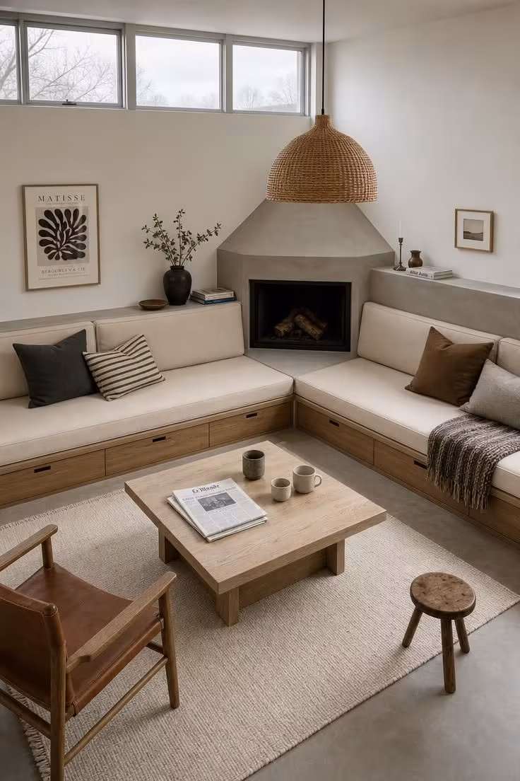 12 Small Living Room Ideas With Fireplace That Feel Open 12 An L-shaped oatmeal canvas banquette wrapped around a corner concrete fireplace in a small living room with cool overcast light and a bleached ash coffee table.