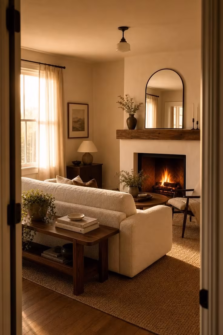 Simple Spaces 17 A small living room with an ivory bouclé sofa facing a warm white fireplace with a reclaimed timber mantel, bathed in golden hour light with a natural fiber rug and arched mirror above the hearth.