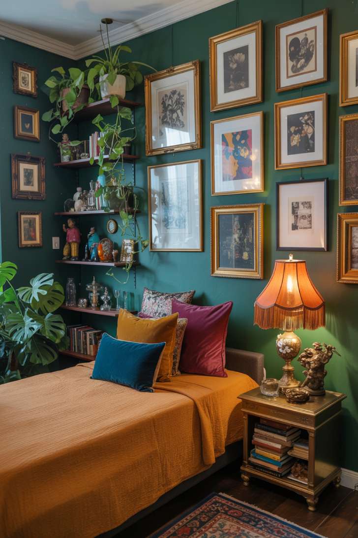 Small maximalist bedroom with emerald green walls, gallery wall, and jewel-toned velvet bedding