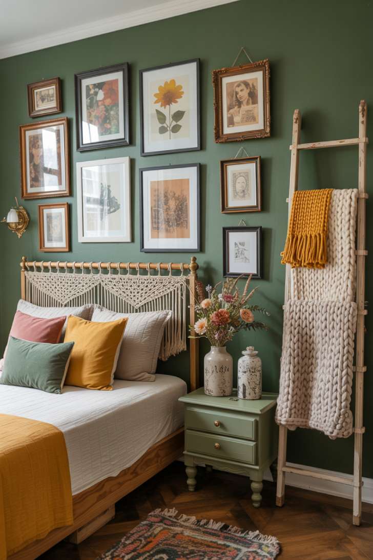 Budget-friendly maximalist bedroom with thrifted gallery wall, DIY macrame headboard, painted nightstand, and dried florals