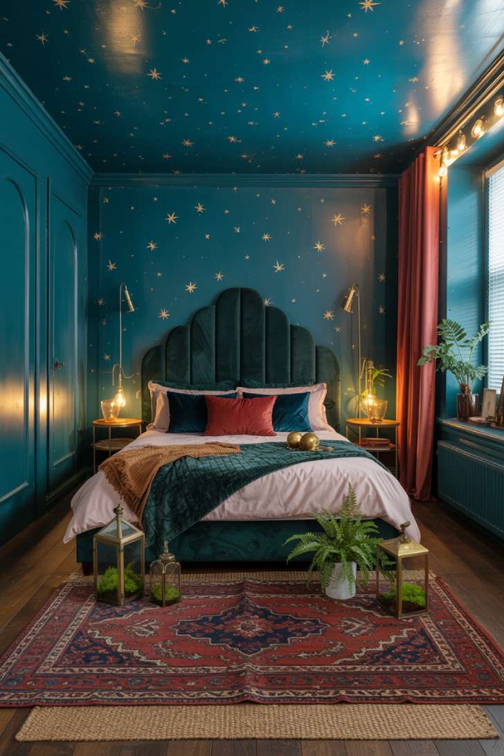 Maximalist bedroom with teal star-print ceiling wallpaper, curved velvet headboard, Persian rug layering, and brass terrariums
