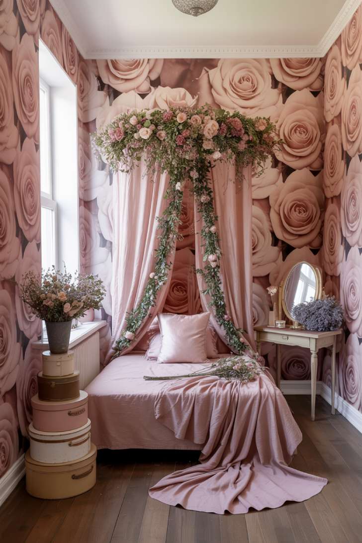 Romantic maximalist bedroom with oversized rose wallpaper, floral canopy bed, dried flower arrangements, and vintage hatboxes