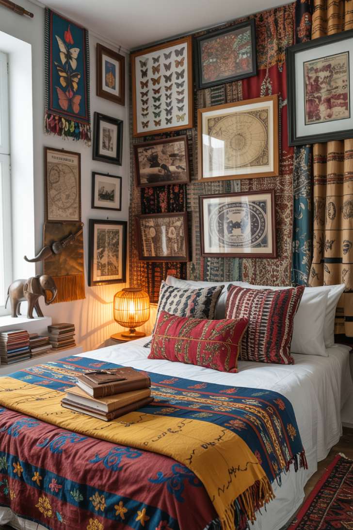 Culturally layered maximalist bedroom with global textiles, vintage maps, kilim pillows, Moroccan throw, and carved wooden accents