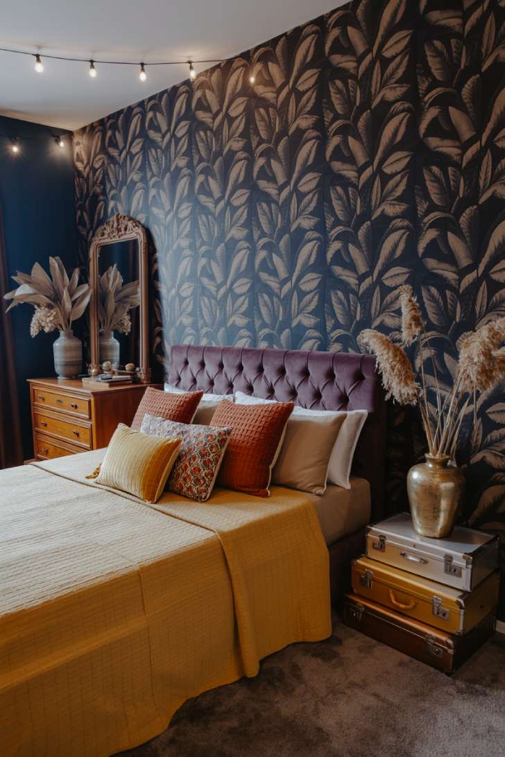 Navy blue tropical leaf wallpaper bedroom with plum velvet headboard and layered patterned pillows