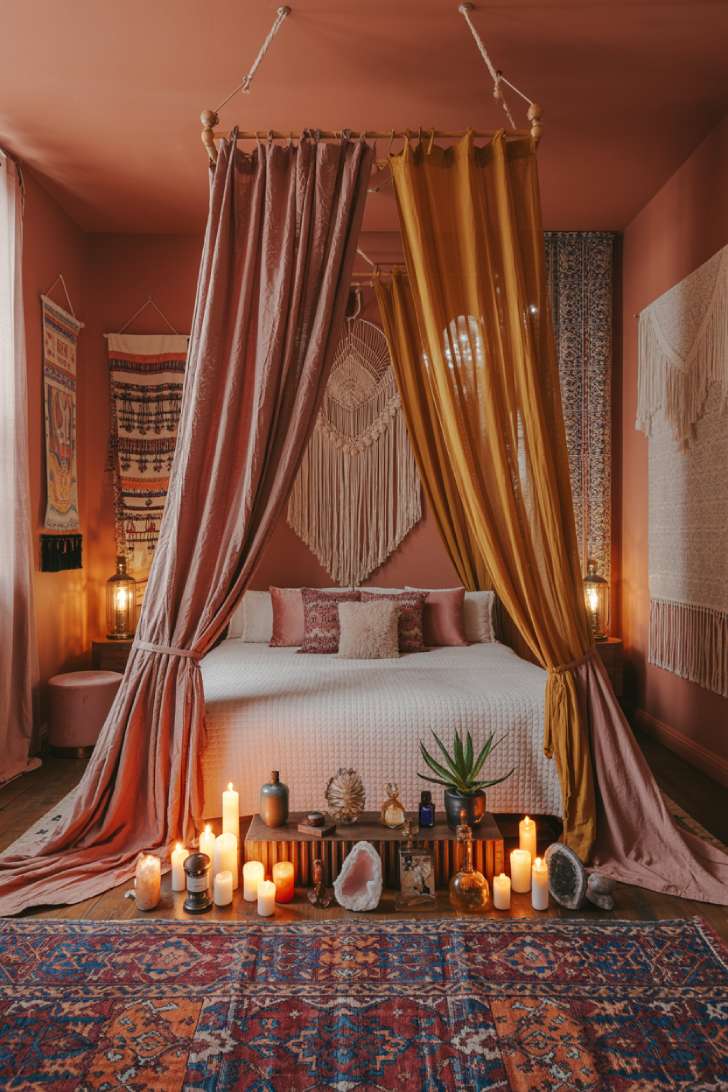Terracotta maximalist bedroom with canopy bed, floor-length curtains, Persian rug, and layered candles