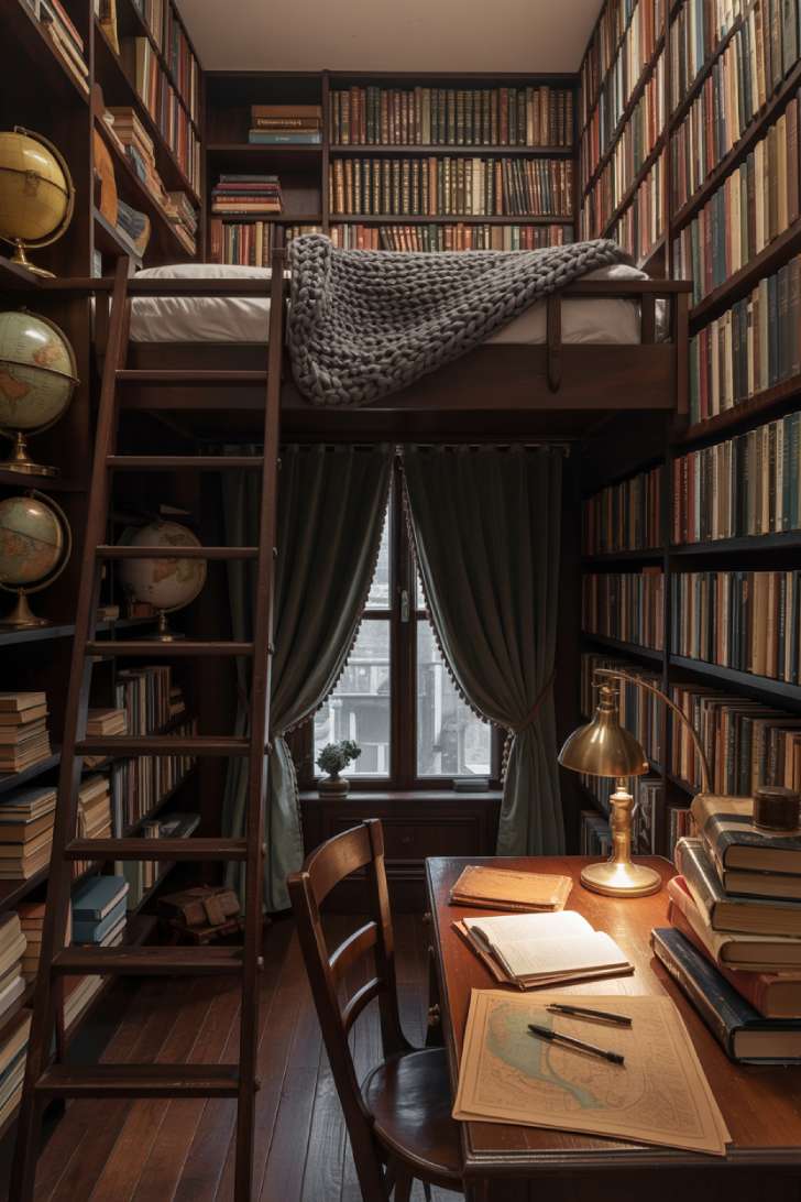 Dark academia maximalist bedroom with floor-to-ceiling bookshelves, loft bed, mahogany tones, and vintage desk