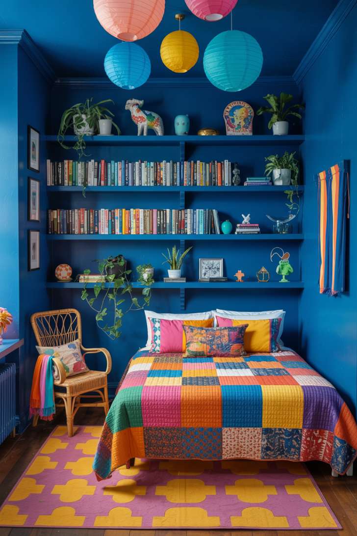 Small maximalist bedroom with cobalt blue walls, geometric rug, patchwork quilt, and colorful shelving