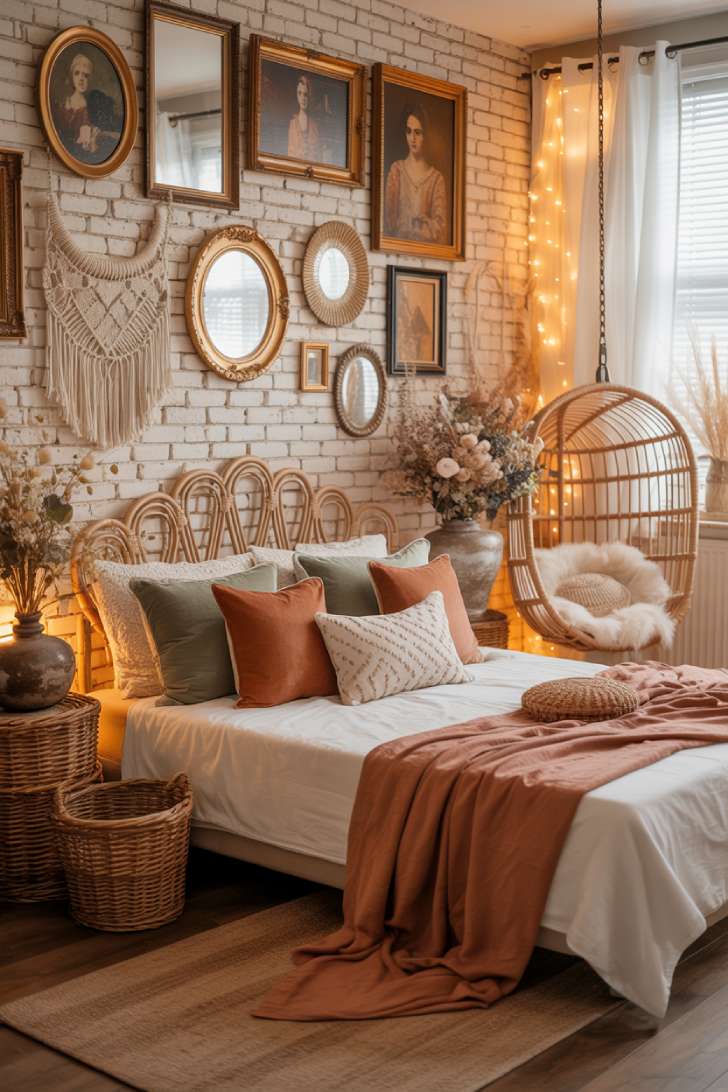 Boho maximalist bedroom with white-painted exposed brick, gallery wall, rattan headboard, and hanging egg chair