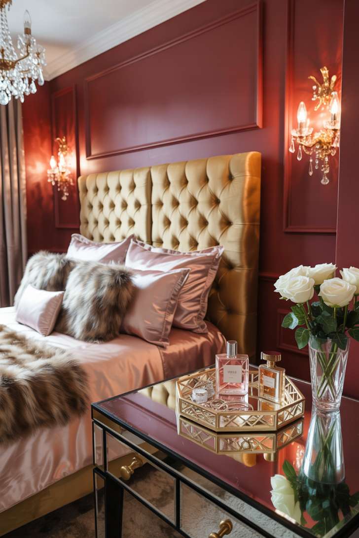 Glam maximalist bedroom with crystal chandelier, wine red velvet wallpaper, gold velvet bed, and mirrored furniture