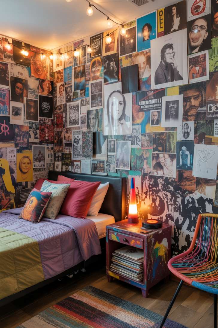 Eclectic maximalist bedroom with floor-to-ceiling collage walls, mismatched vintage bedding, lava lamp, and hammock chair