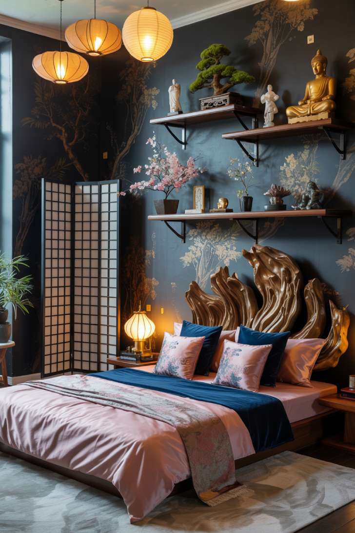 Japanese maximalist bedroom with charcoal walls, gold botanical wallpaper, low platform bed, bonsai trees, and paper lanterns