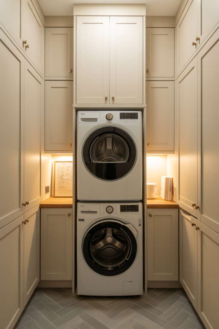 A stacked washer and dryer flanked by tall shaker cabinets in a narrow laundry room with herringbone tile floors