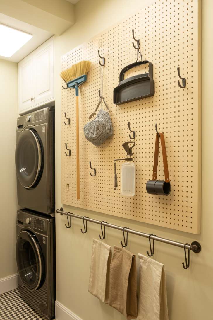 A white pegboard with matte black hooks holding laundry tools and bags in a cream-colored narrow laundry room with checkered tile floors