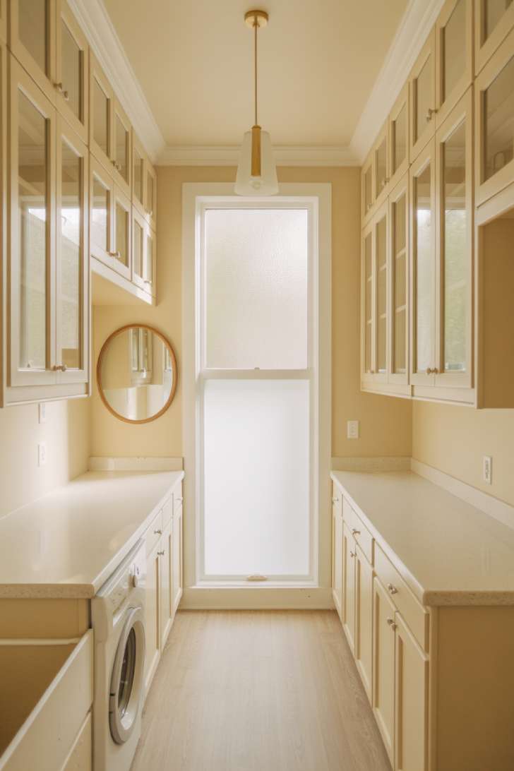 A soft white narrow laundry room with glass-front cabinets, a round mirror, and a brass pendant light creating an airy, spacious feel