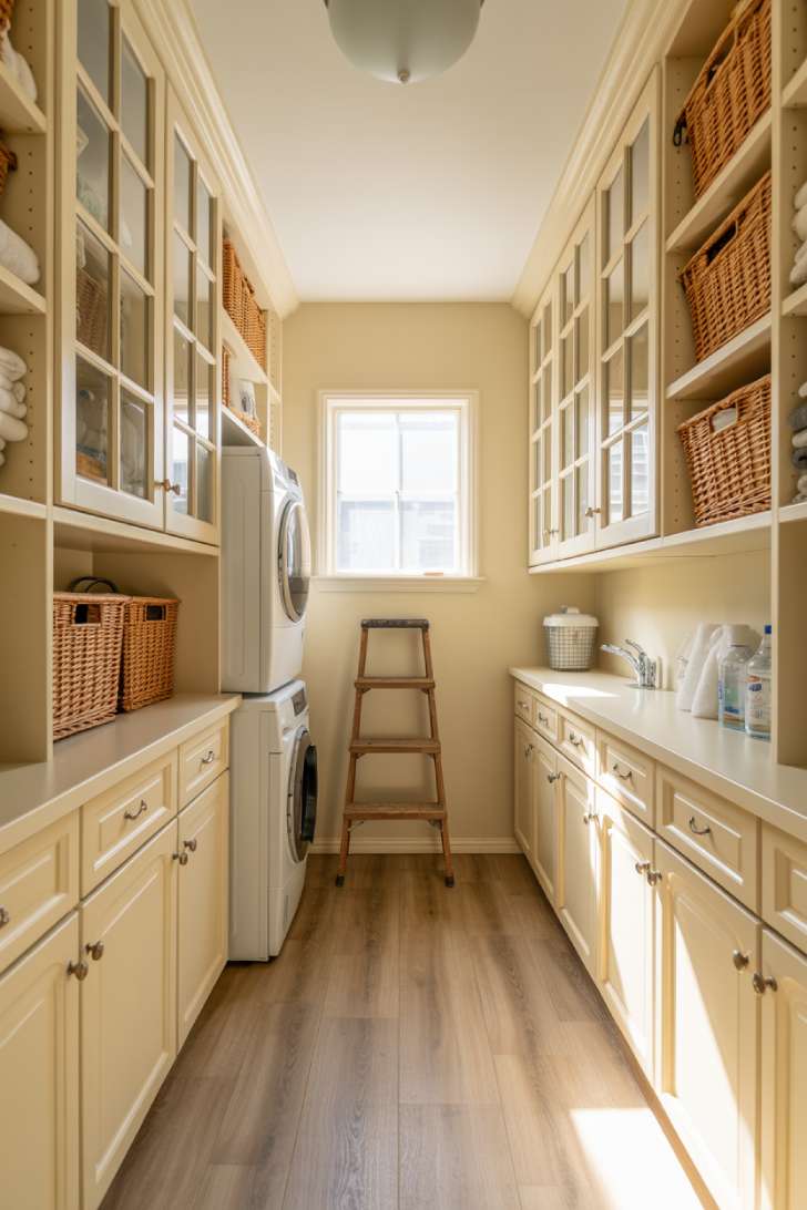 Floor-to-ceiling white cabinetry with glass-front uppers and a stacked washer dryer in a compact laundry room