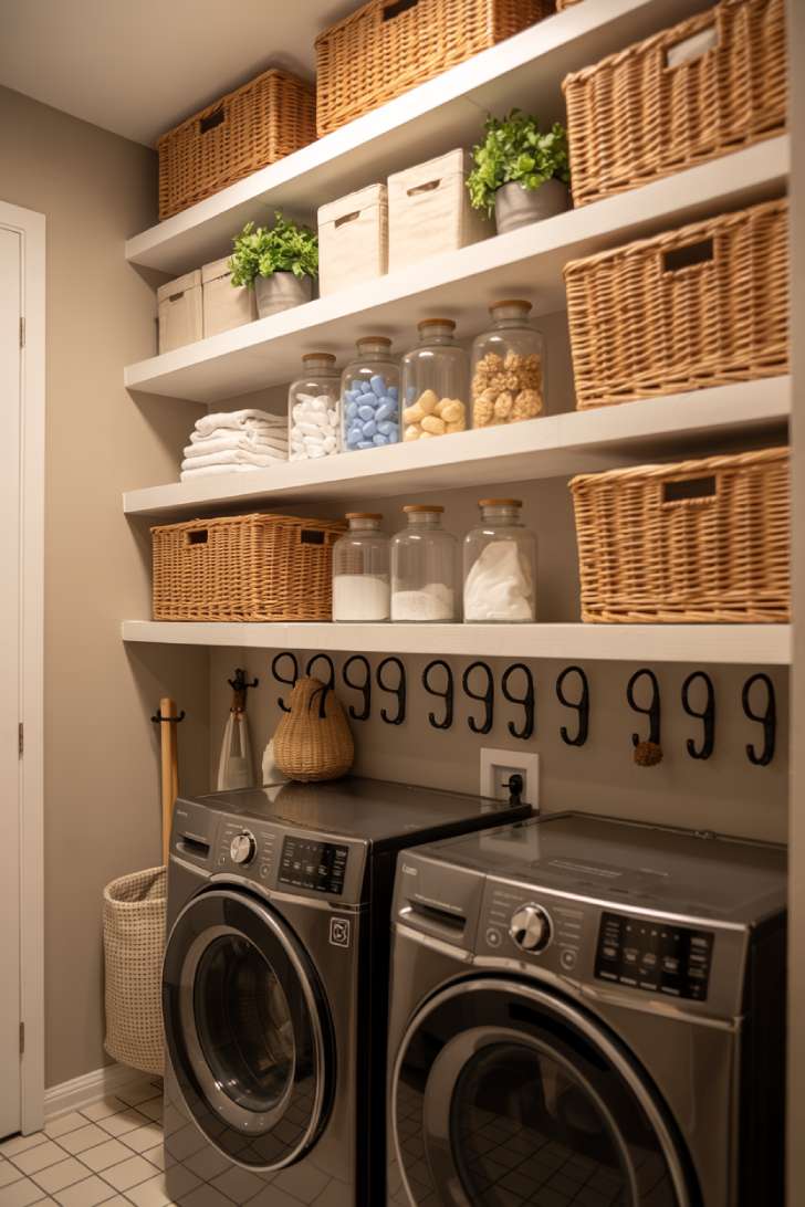 Full-width white floating shelves above a washer and dryer in a narrow laundry room styled with baskets and glass jars