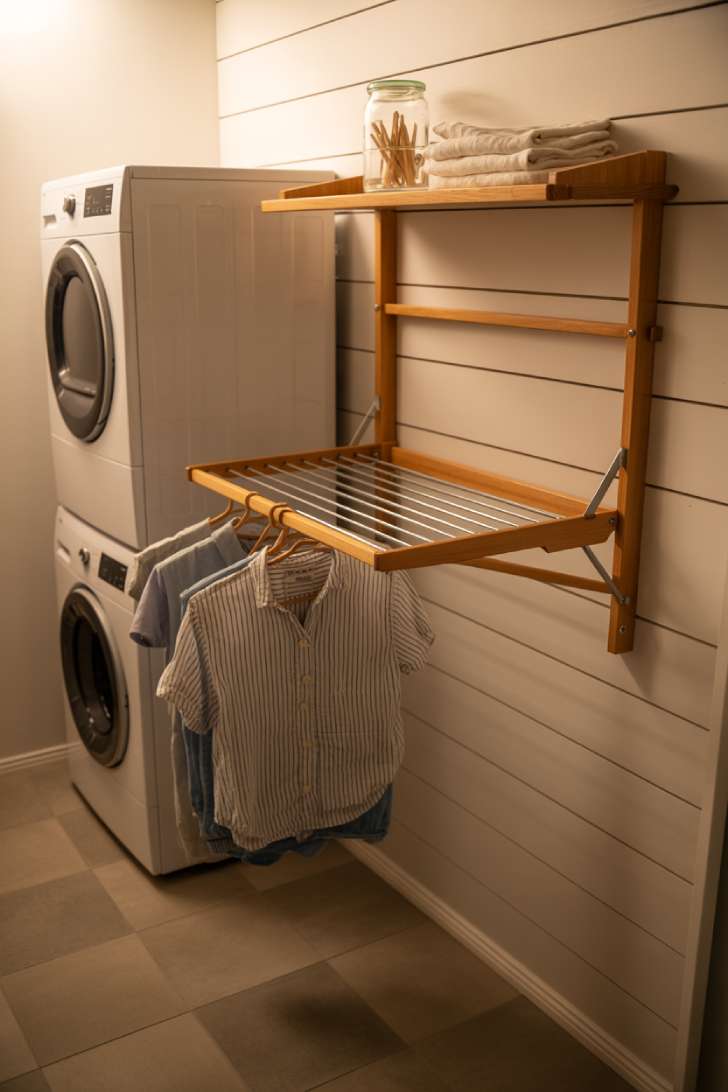 A wall-mounted wooden drying rack extended with delicates hanging in a narrow laundry room with white shiplap