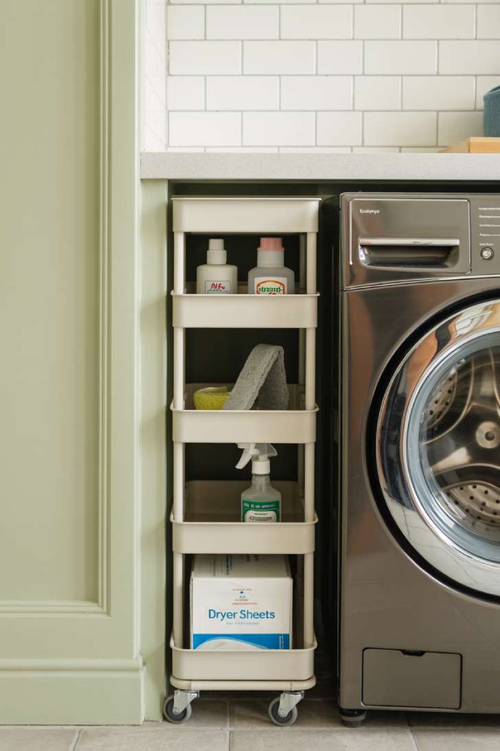 A slim white rolling cart pulled out from the gap beside a washing machine in a sage green narrow laundry room