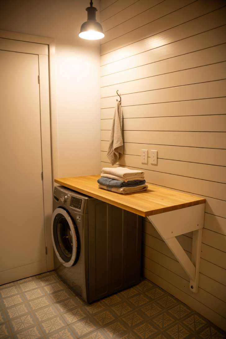 A fold-down butcher block countertop open above a front-loading washer in a cozy narrow laundry room with cement tile floors