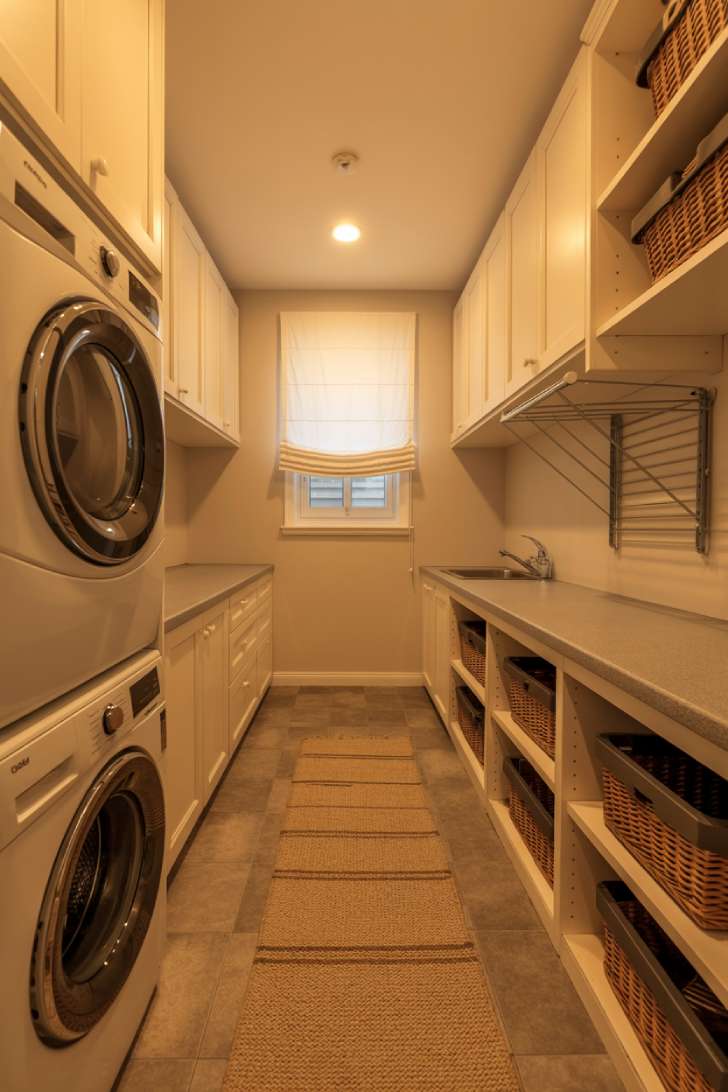 A galley-style narrow laundry room with stacked machines on one side and open shelving on the other, with a striped cotton runner rug