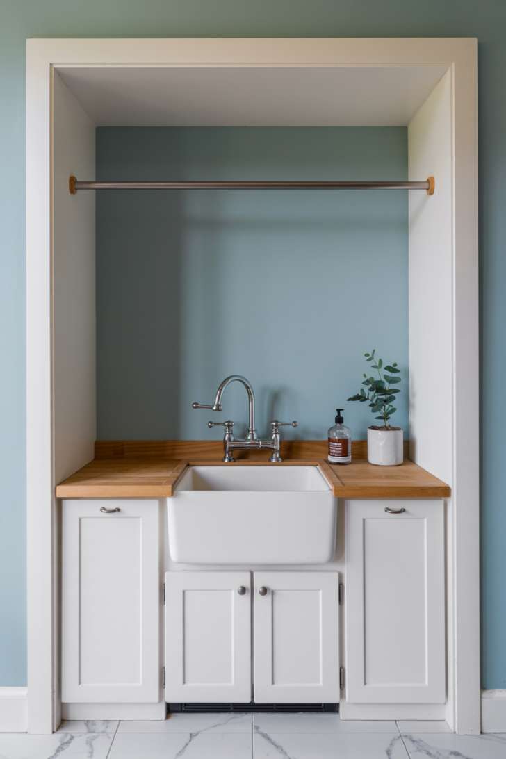 A white apron-front sink with a gooseneck faucet integrated into shaker cabinetry in a dusty blue narrow laundry room