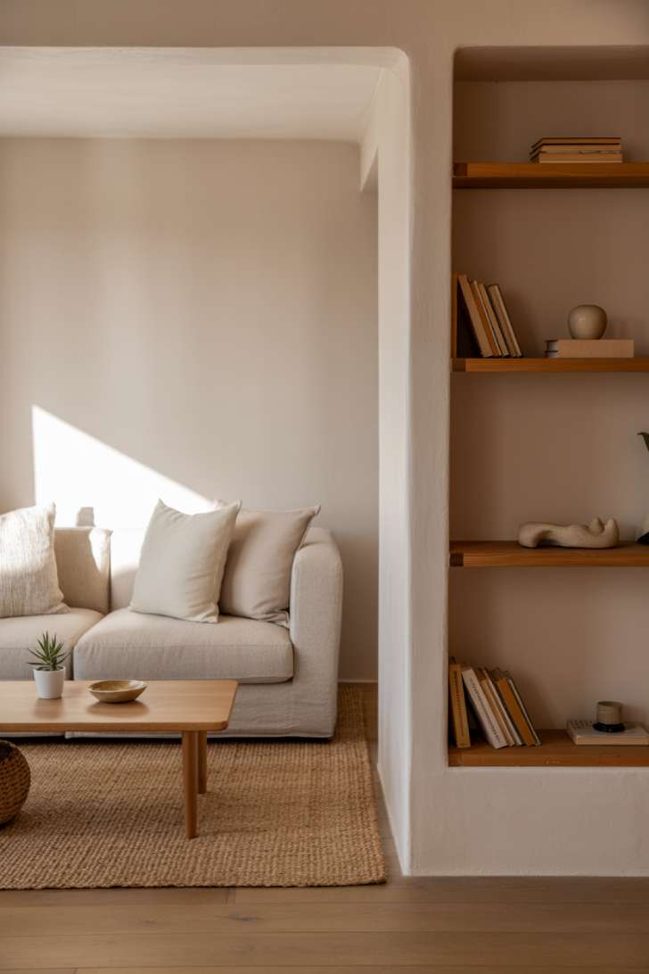 A small neutral living room with beige linen sofa, wooden coffee table, and jute rug in warm natural light