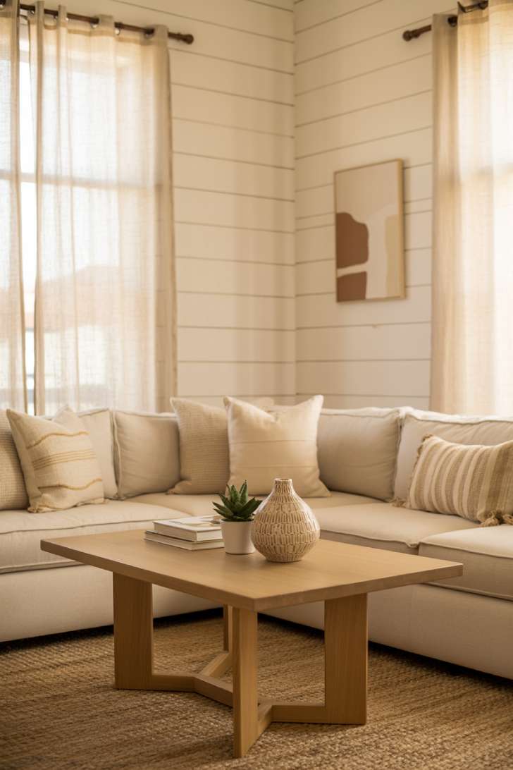 A front-facing small neutral living room featuring cream sectional, light oak coffee table, and shiplap walls