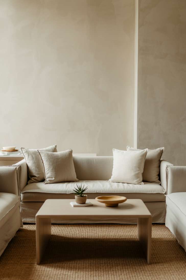 A minimalist small living room with cream sofa, wooden coffee table, succulent, and jute rug
