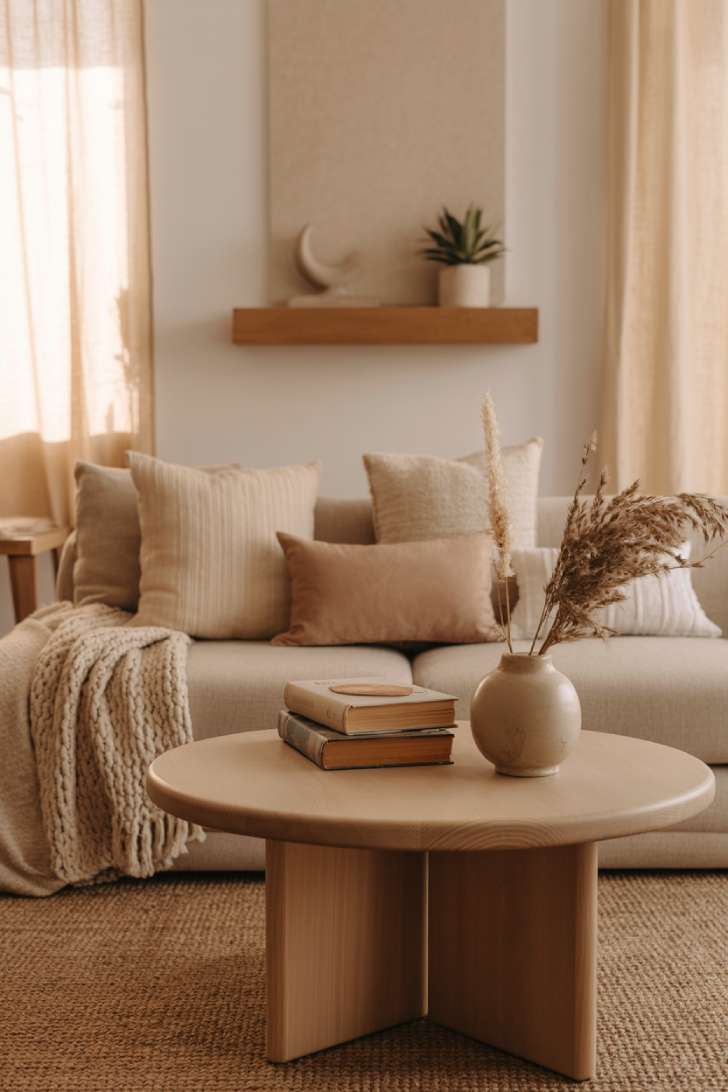 A cozy small living room with beige sofa, dried pampas grass, chunky knit throw, and natural light