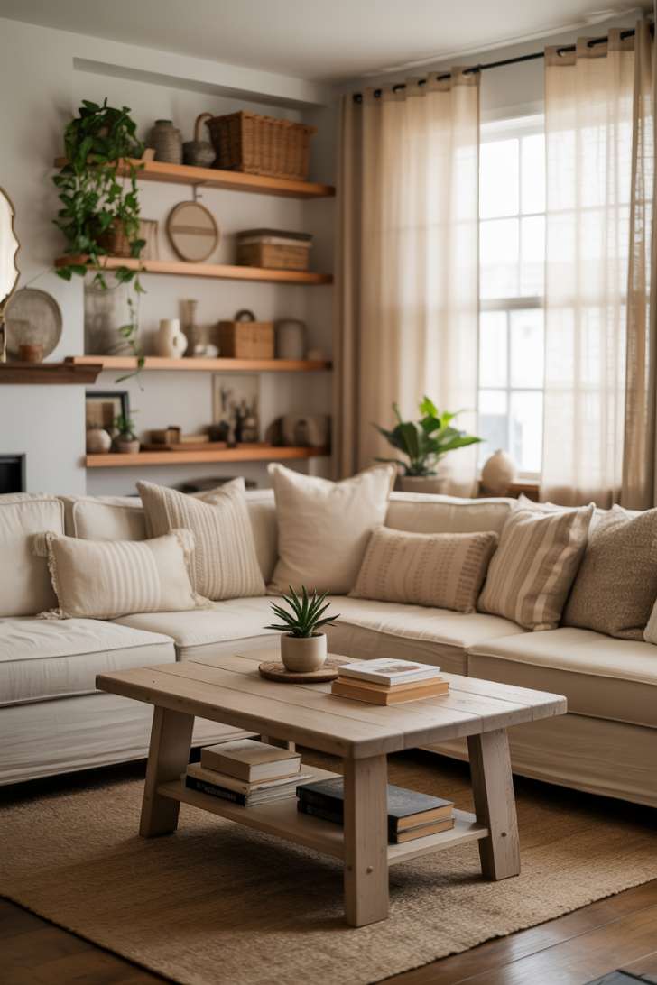 A small neutral living room with cream sectional, rustic coffee table, and built-in shelving with plants