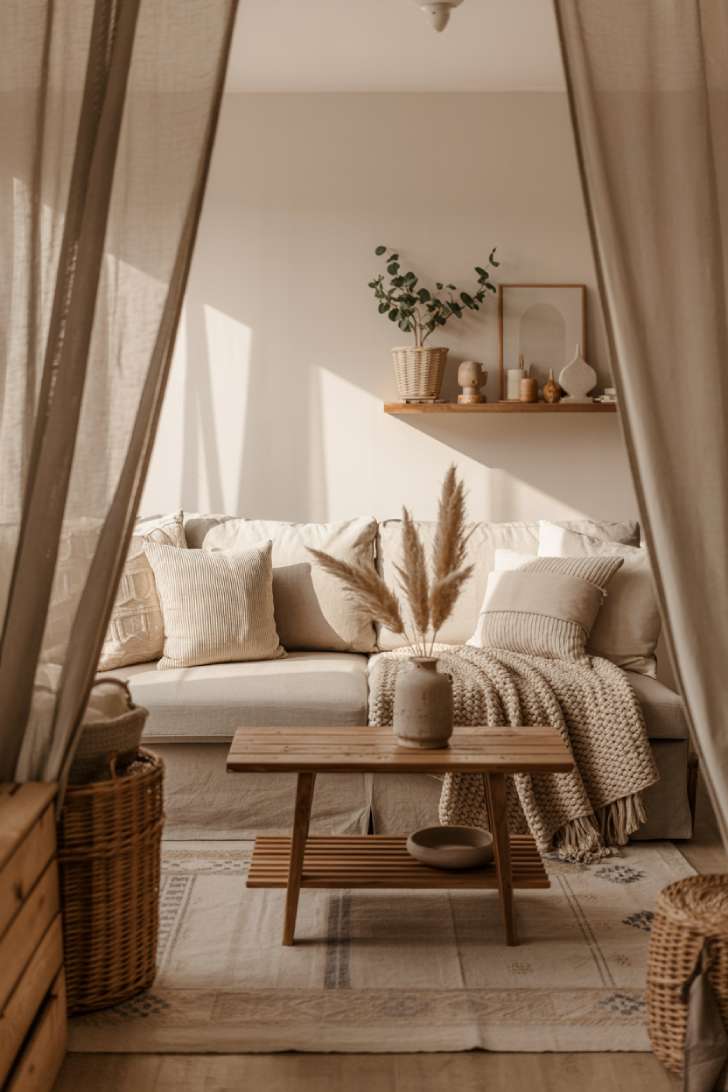A small neutral living room with linen sofa, vintage geometric rug, woven baskets, and floating shelves