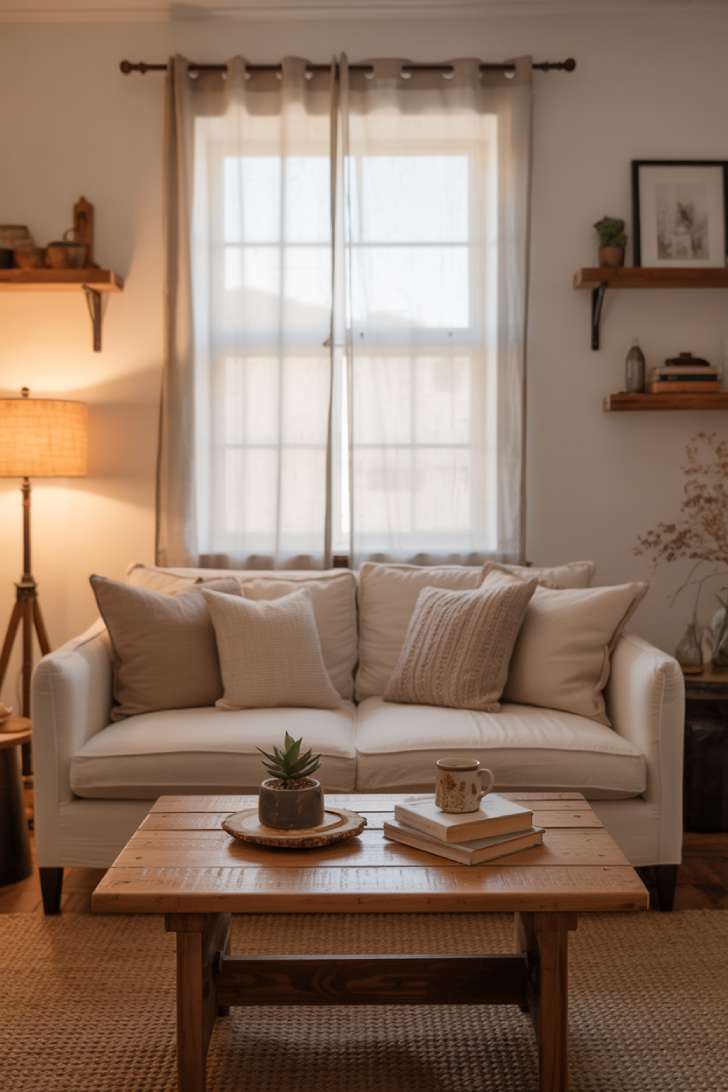 A small living room with cream sofa beneath window, reclaimed wood coffee table, and floating shelves
