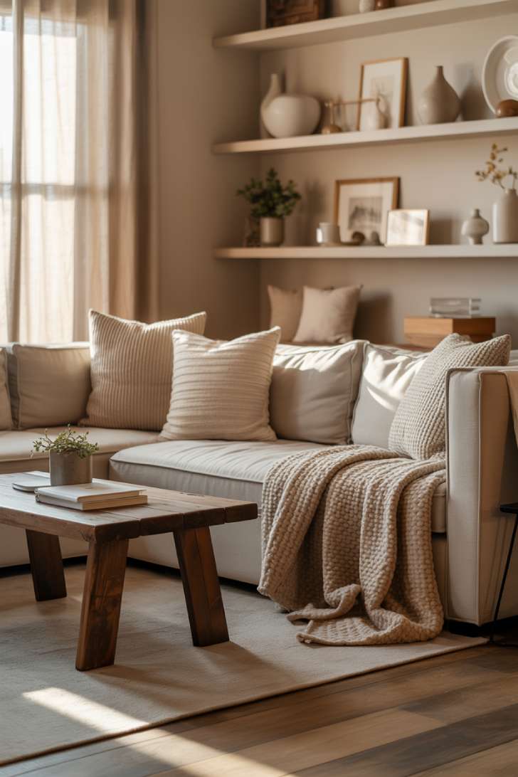 A front-facing small living room with sectional sofa, rustic coffee table, and built-in shelving