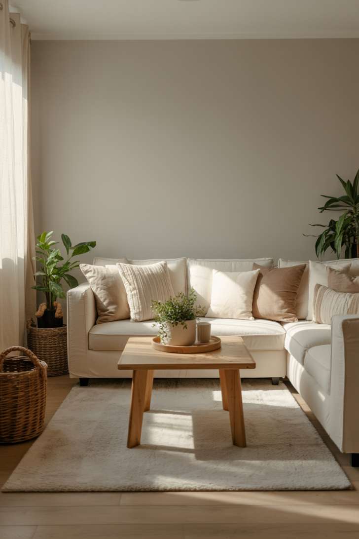 A warm small neutral living room with cream sectional, natural wood coffee table, and plants in woven baskets